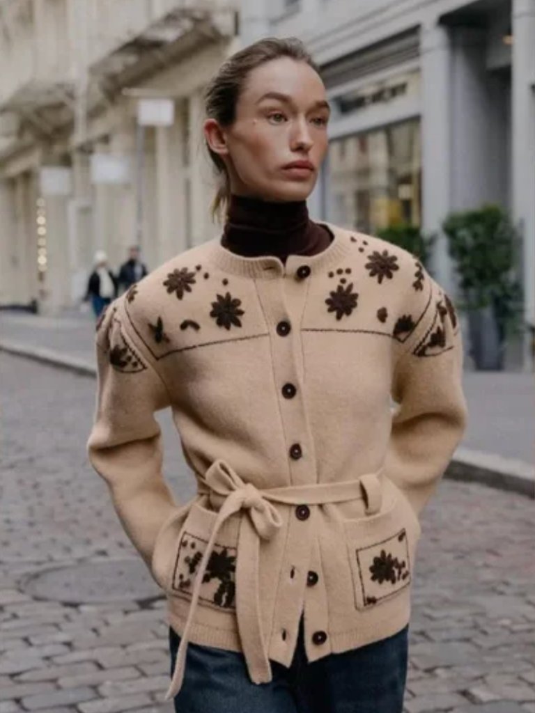 Zara Beige Knit Floral Belted Cardigan Nwt